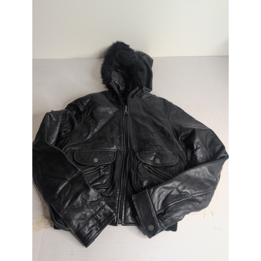 Vtg Knoles & Carter Womens Leather Biker Jacket Size S w/ Hood And Liner